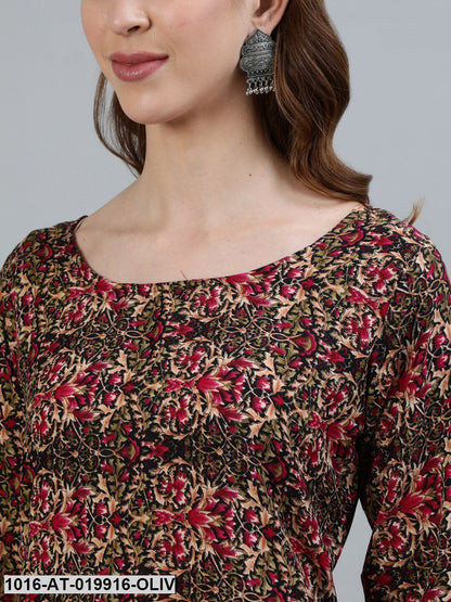 Olive Green & Maroon Printed Crepe Kurta