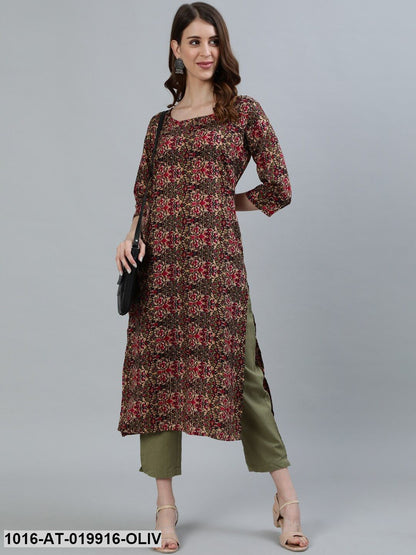 Olive Green & Maroon Printed Crepe Kurta