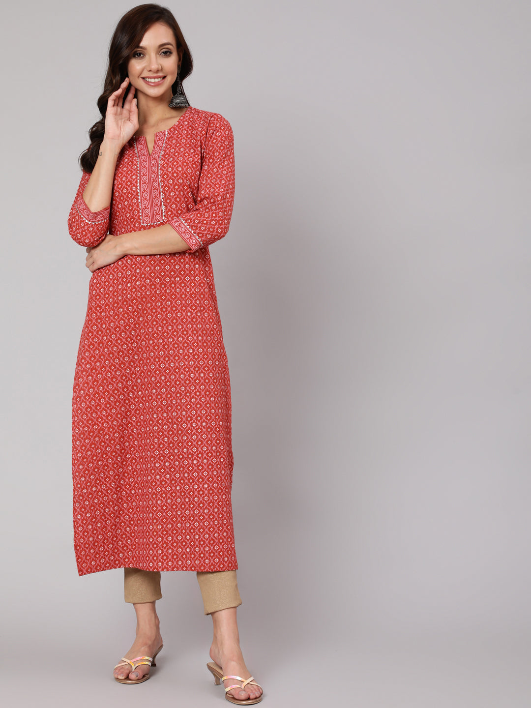 Rust Ethnic Printed Straight Kurta With Three Quarter Sleeves