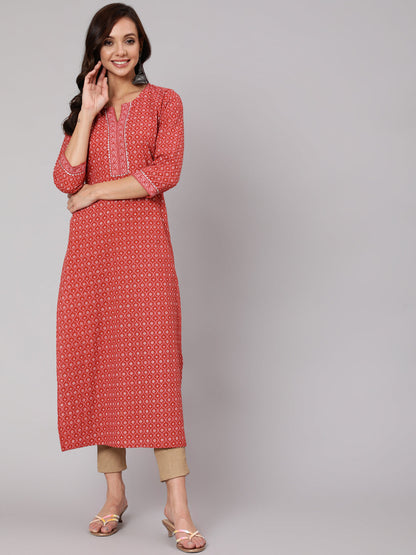 Rust Ethnic Printed Straight Kurta With Three Quarter Sleeves