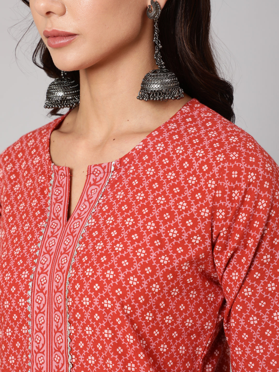 Rust Ethnic Printed Straight Kurta With Three Quarter Sleeves
