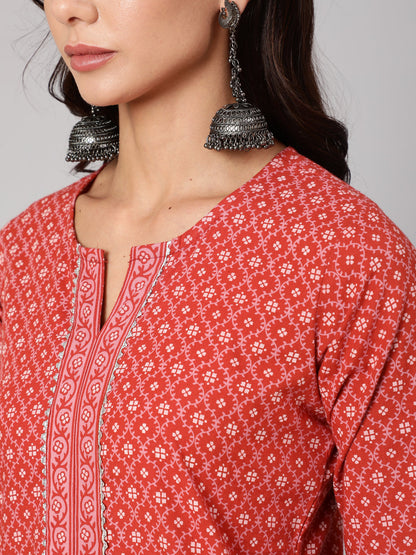 Rust Ethnic Printed Straight Kurta With Three Quarter Sleeves