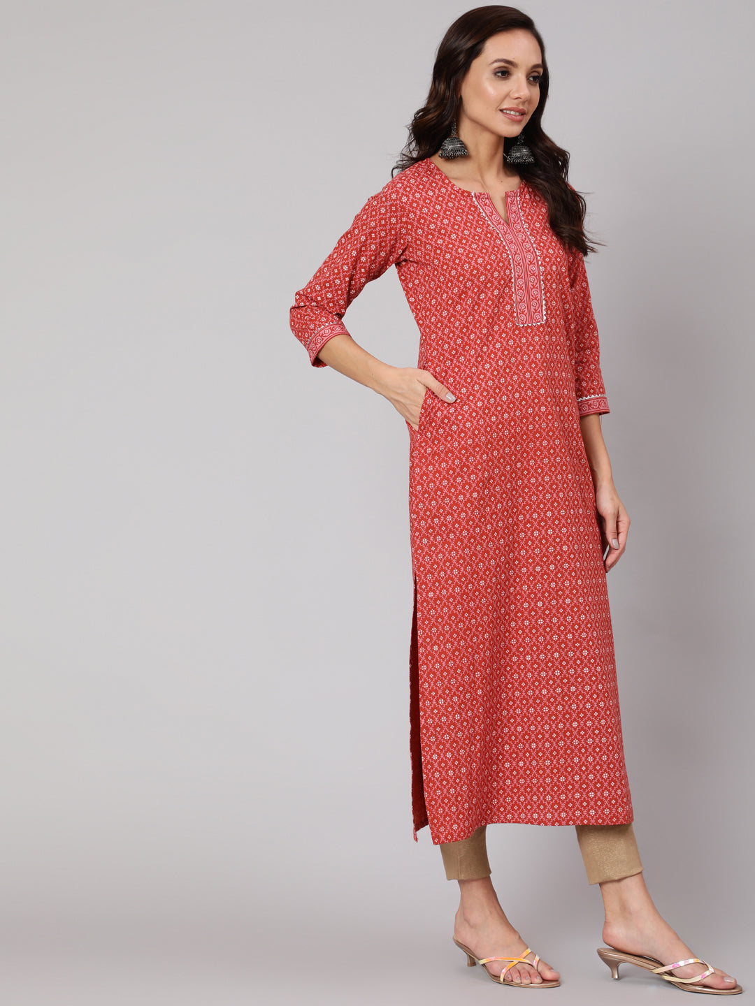 Rust Ethnic Printed Straight Kurta With Three Quarter Sleeves