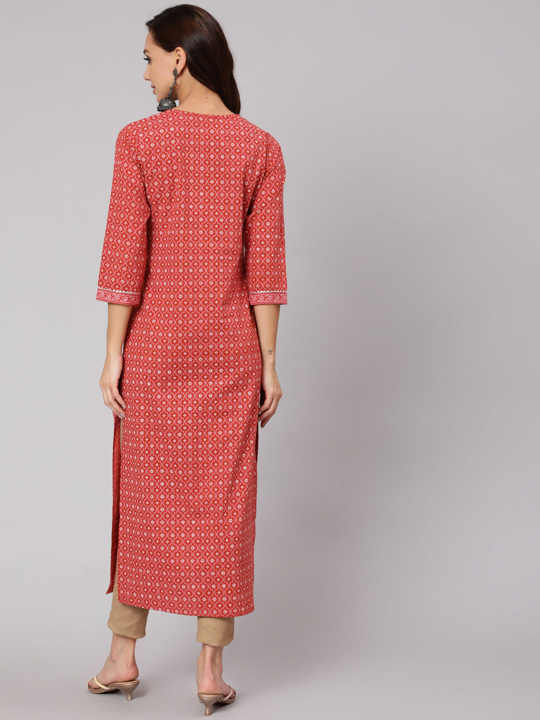 Rust Ethnic Printed Straight Kurta With Three Quarter Sleeves