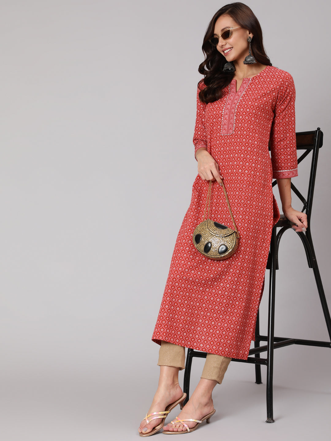 Rust Ethnic Printed Straight Kurta With Three Quarter Sleeves
