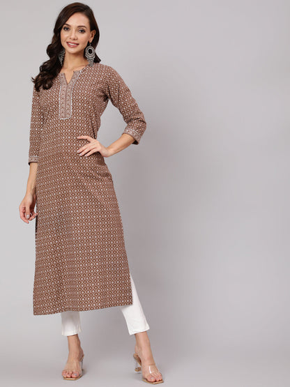 Brown Printed Straight kurta With Three Quarter Sleeves