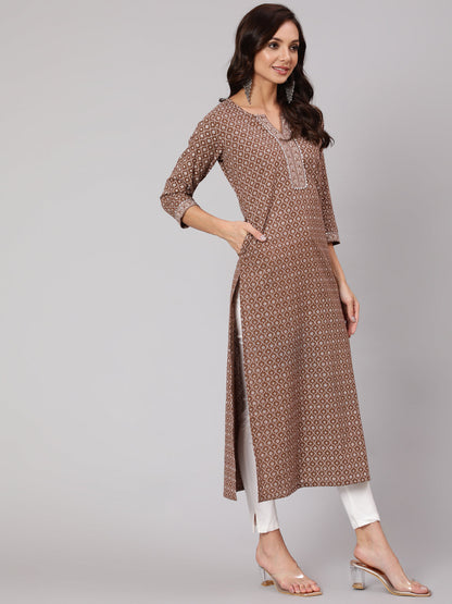 Brown Printed Straight kurta With Three Quarter Sleeves