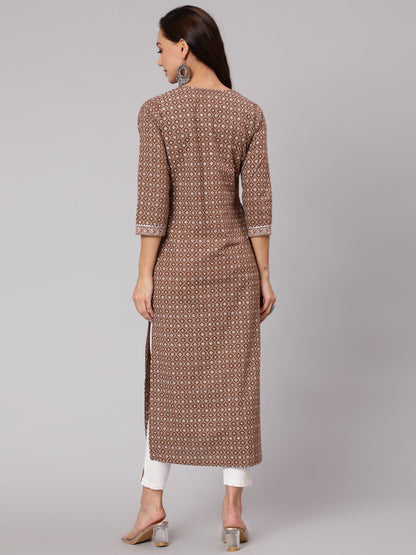 Brown Printed Straight kurta With Three Quarter Sleeves