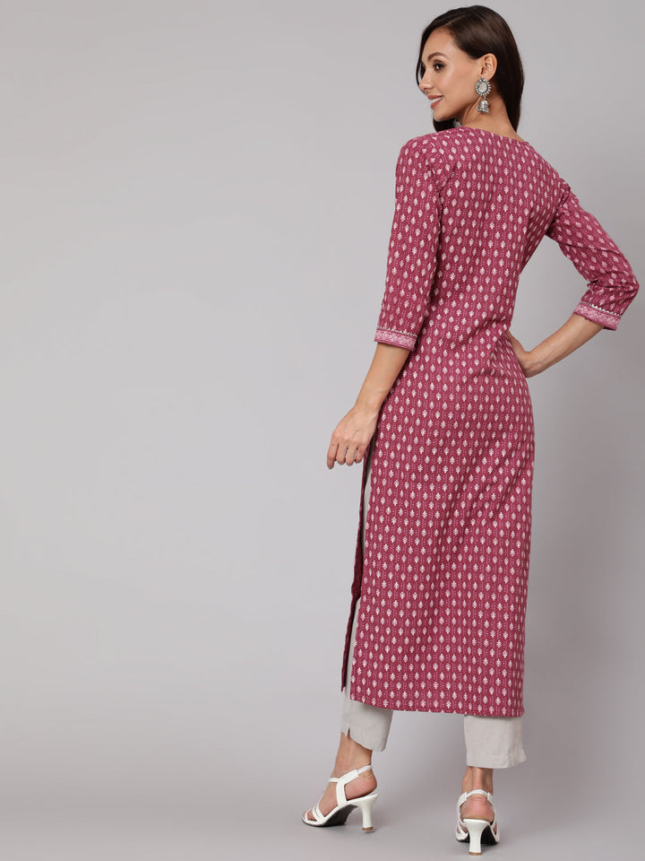 Mauve Printed Straight kurta With Three Quarter Sleeves