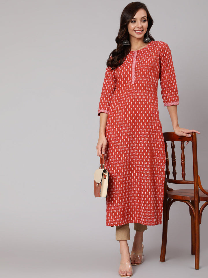 Rust Ethnic Printed Straight Kurta With Three Quarter Sleeves