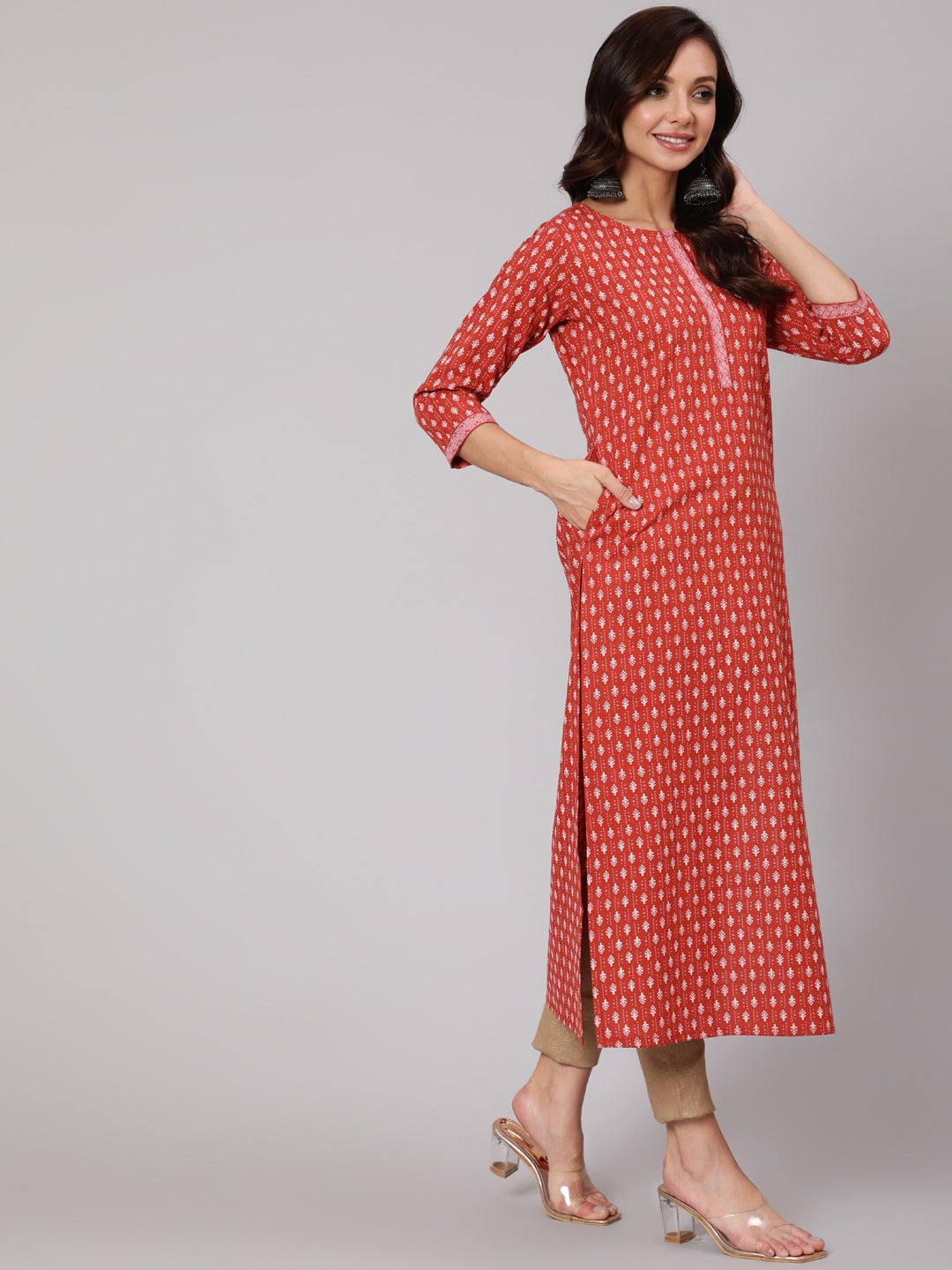 Rust Ethnic Printed Straight Kurta With Three Quarter Sleeves