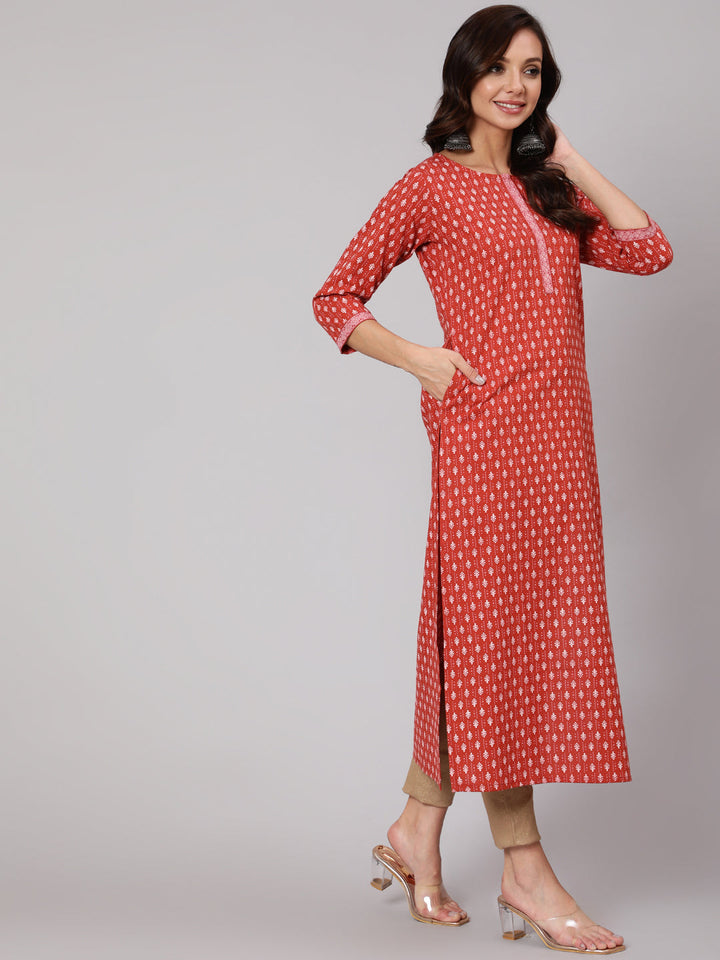 Rust Ethnic Printed Straight Kurta With Three Quarter Sleeves