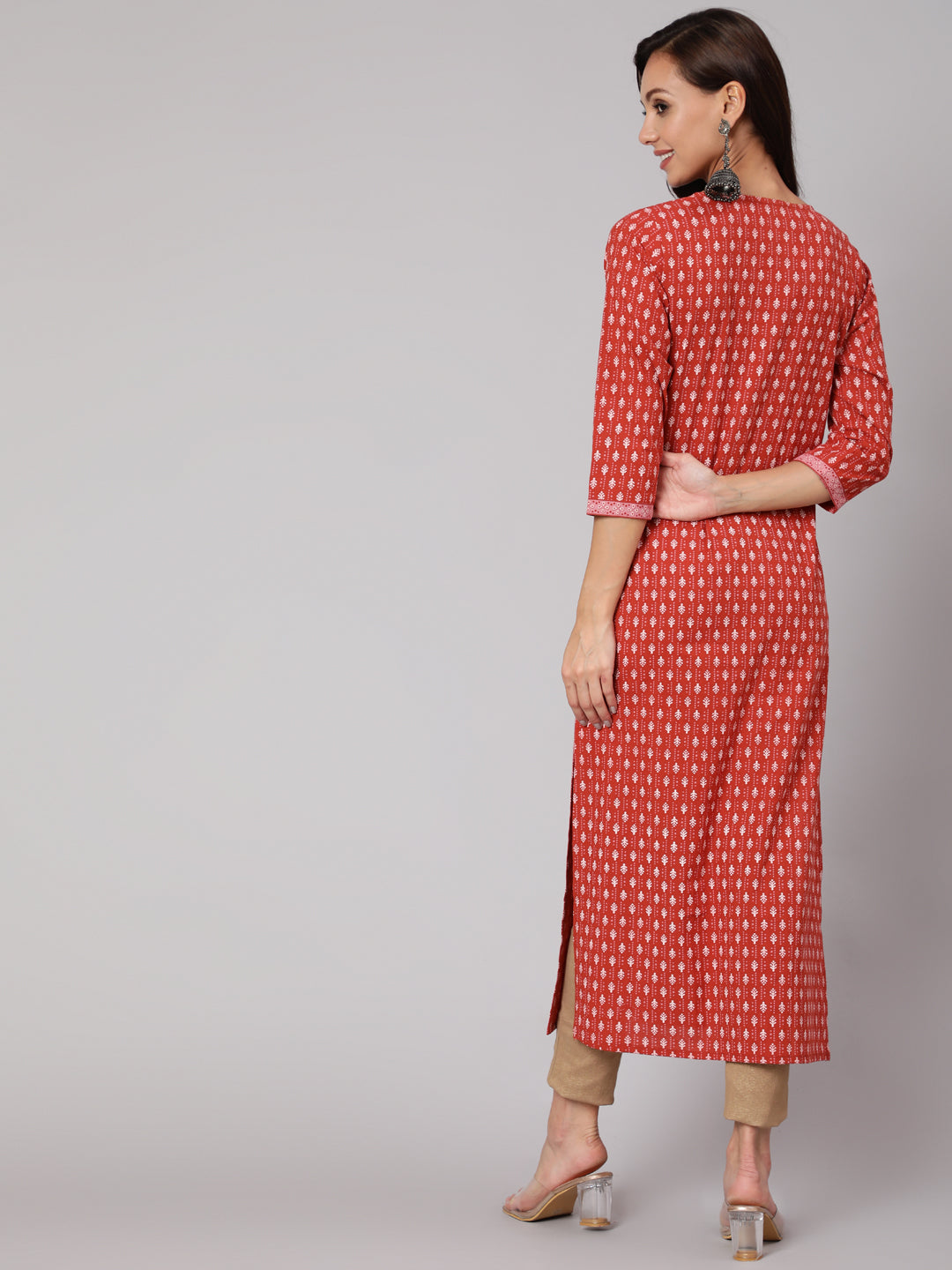 Rust Ethnic Printed Straight Kurta With Three Quarter Sleeves