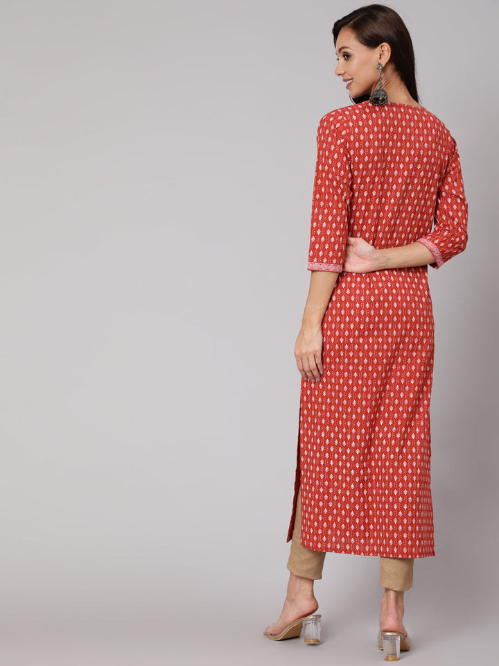Rust Ethnic Printed Straight Kurta With Three Quarter Sleeves