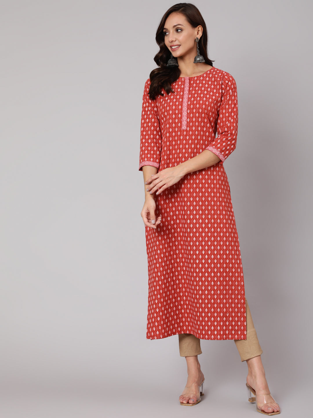 Rust Ethnic Printed Straight Kurta With Three Quarter Sleeves