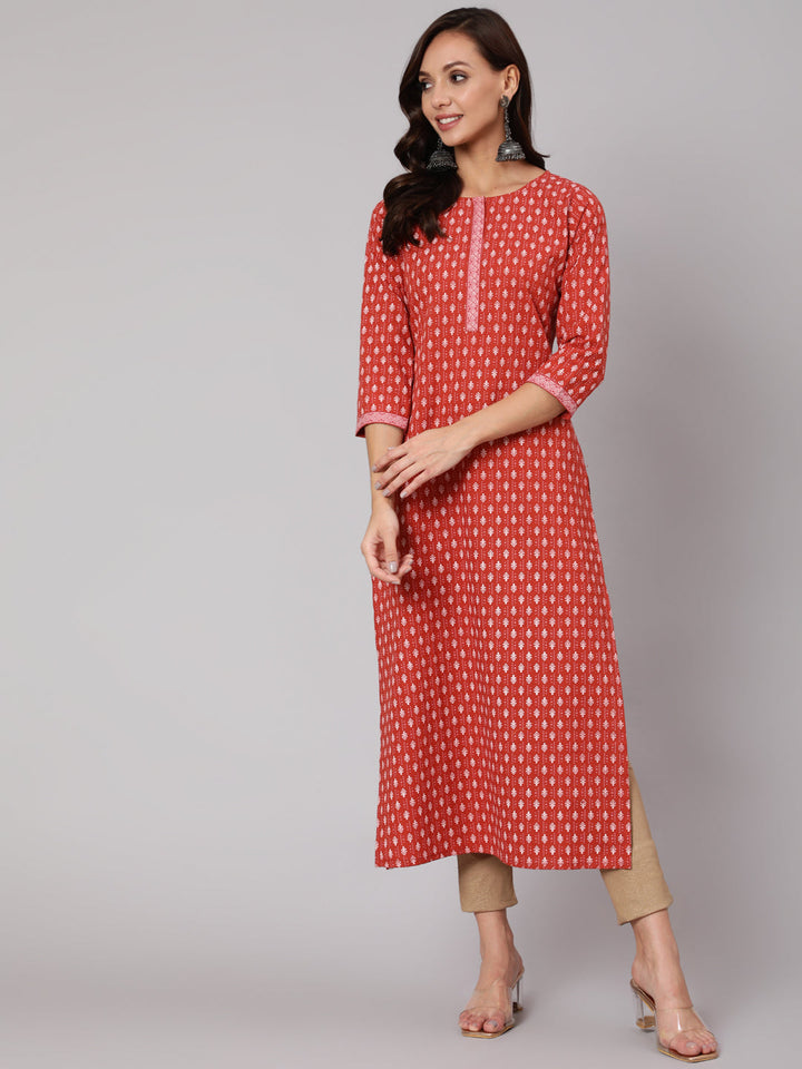 Rust Ethnic Printed Straight Kurta With Three Quarter Sleeves