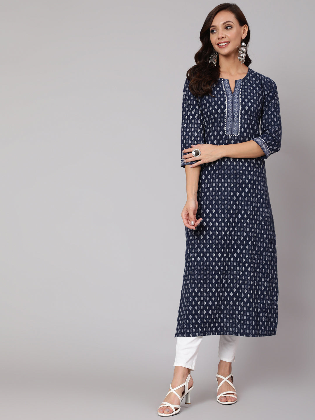 Navy Blue Ethnic Printed Straight Kurta With Three Quarter Sleeves