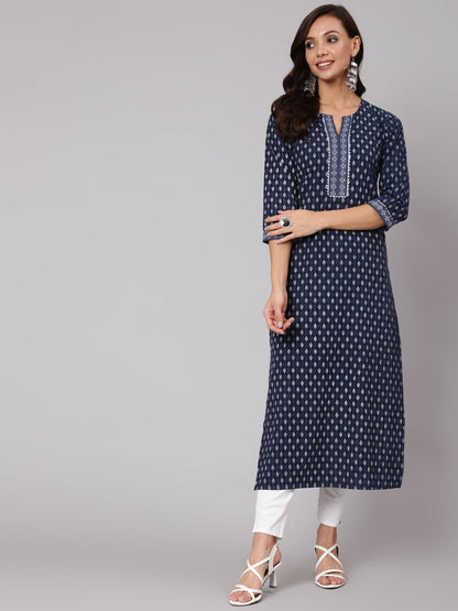 Navy Blue Ethnic Printed Straight Kurta With Three Quarter Sleeves
