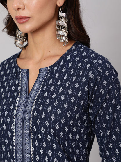 Navy Blue Ethnic Printed Straight Kurta With Three Quarter Sleeves
