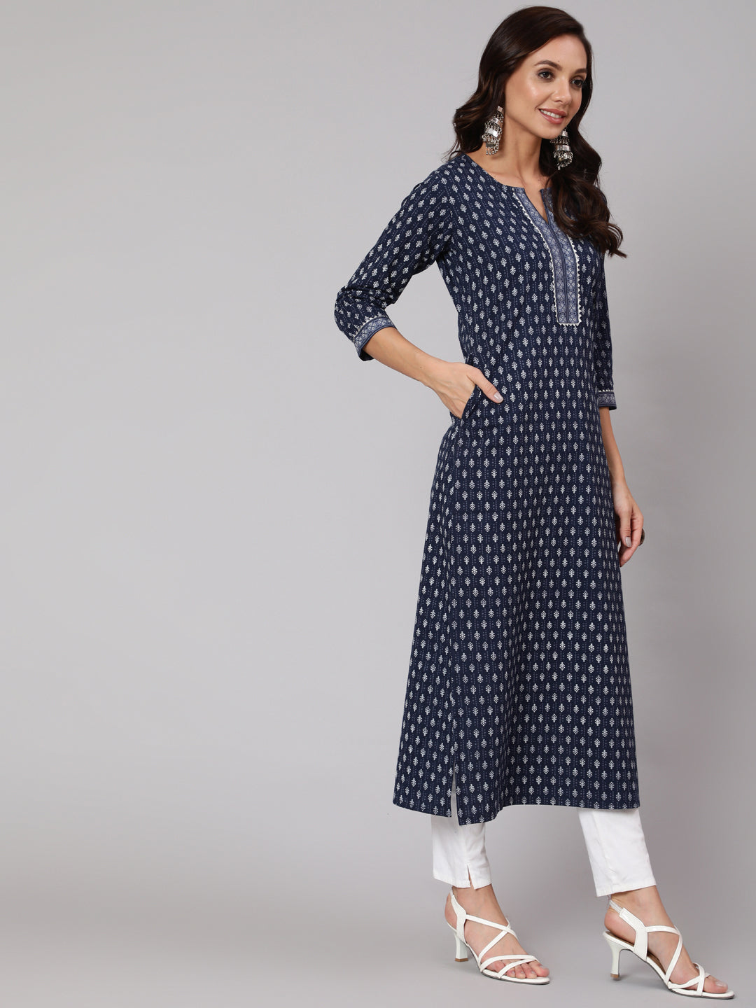 Navy Blue Ethnic Printed Straight Kurta With Three Quarter Sleeves