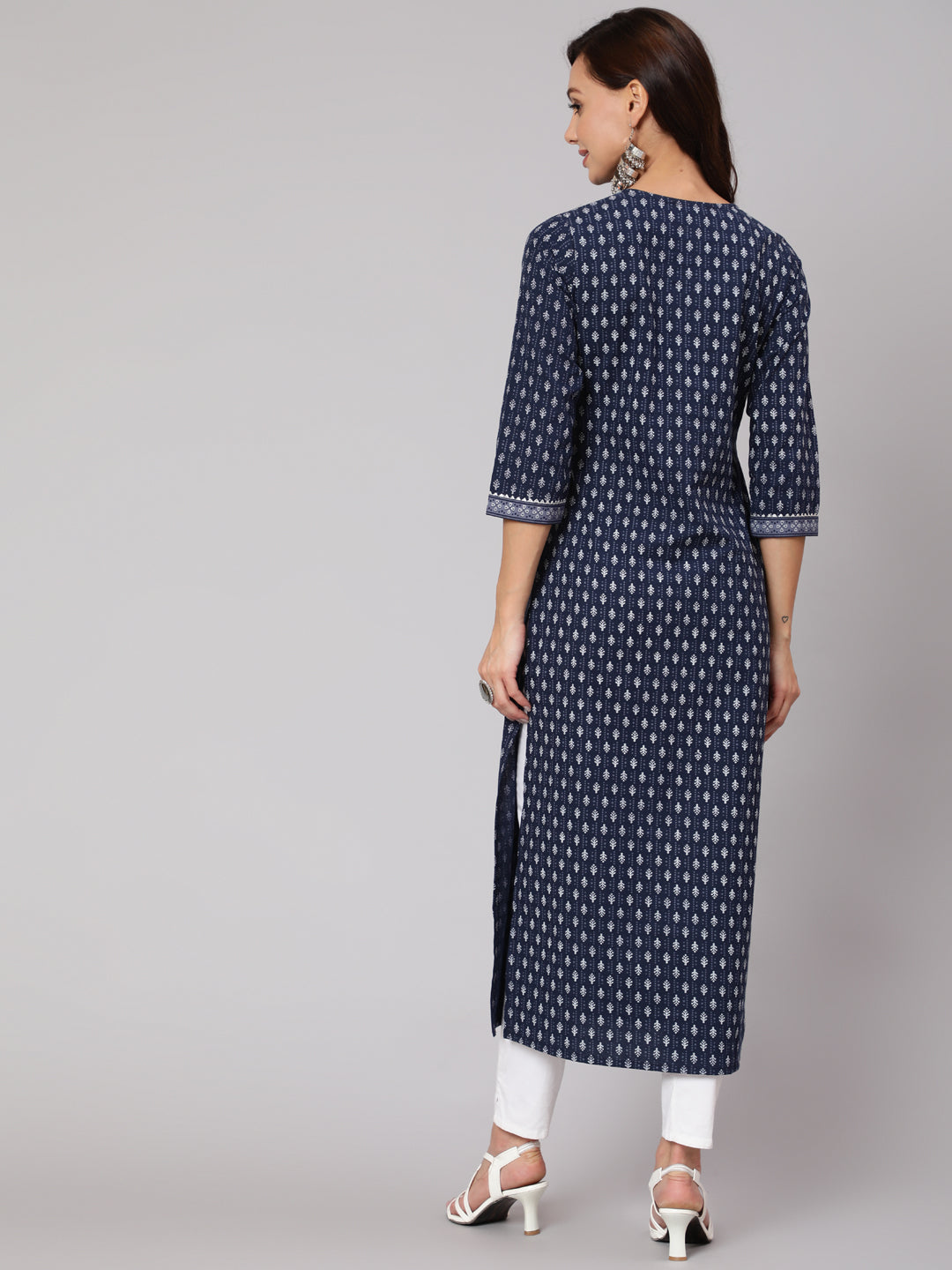 Navy Blue Ethnic Printed Straight Kurta With Three Quarter Sleeves