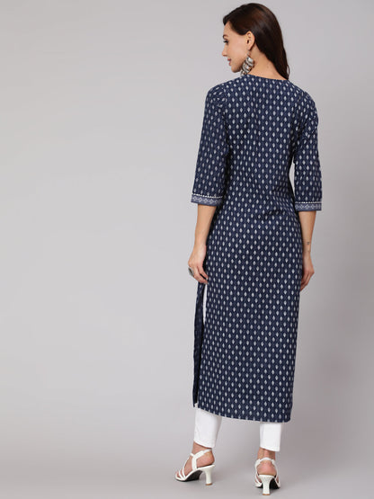 Navy Blue Ethnic Printed Straight Kurta With Three Quarter Sleeves