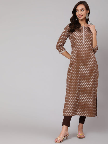 Brown Printed Straight kurta With Three Quarter Sleeves