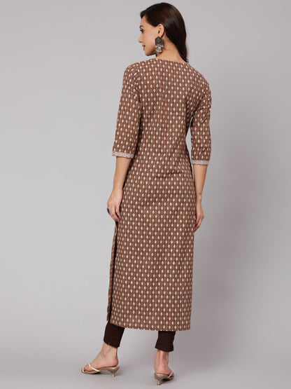 Brown Printed Straight kurta With Three Quarter Sleeves