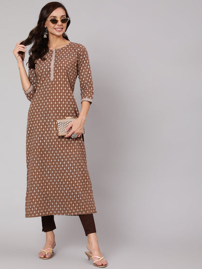 Brown Printed Straight kurta With Three Quarter Sleeves