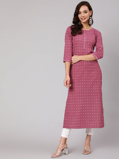Mauve Printed Straight kurta With Three Quarter Sleeves