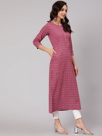 Mauve Printed Straight kurta With Three Quarter Sleeves
