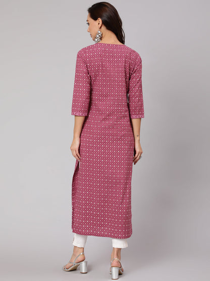 Mauve Printed Straight kurta With Three Quarter Sleeves