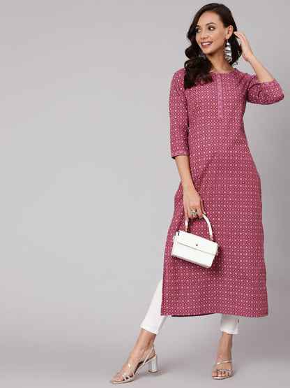 Mauve Printed Straight kurta With Three Quarter Sleeves