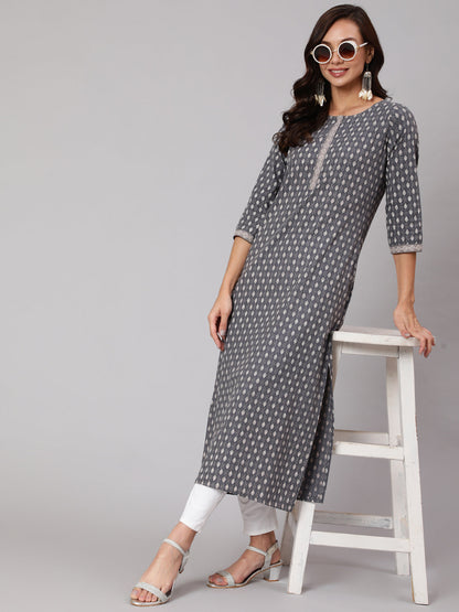 Grey Printed Straight kurta With Three Quarter Sleeves