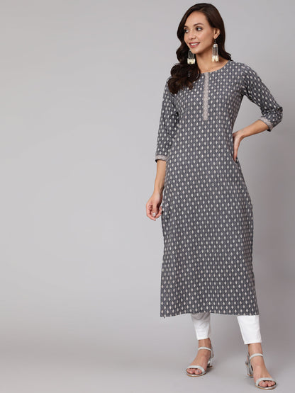 Grey Printed Straight kurta With Three Quarter Sleeves