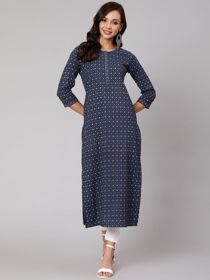 Blue Printed Straight kurta With Three Quarter Sleeves