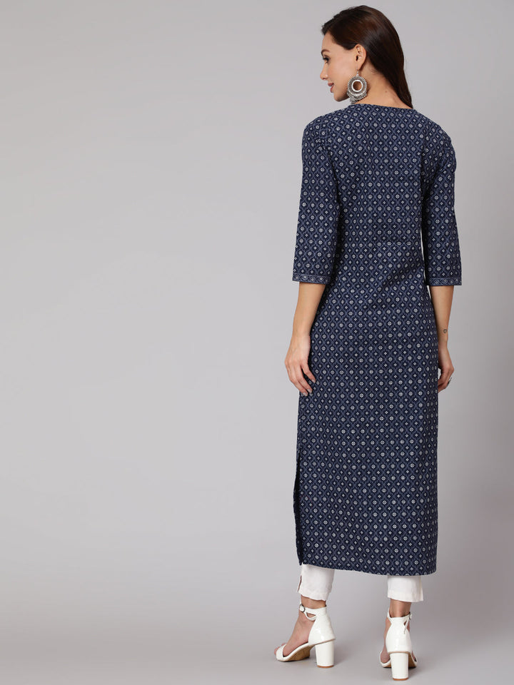 Blue Printed Straight kurta With Three Quarter Sleeves