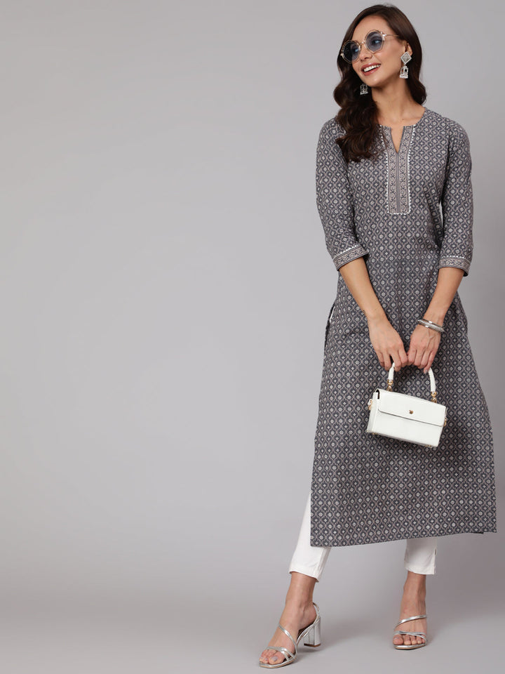 Grey Printed Straight kurta With Three Quarter Sleeves