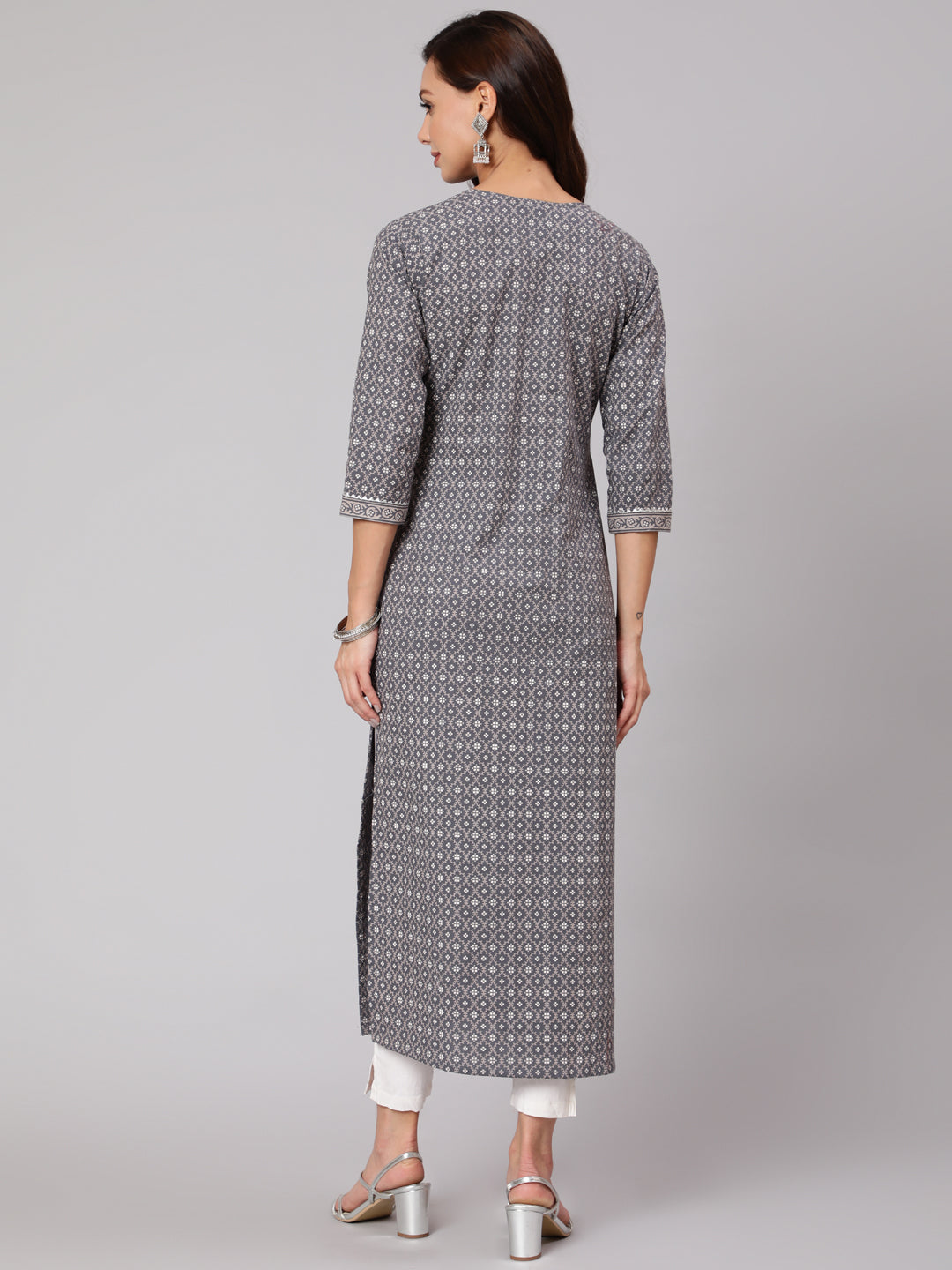 Grey Printed Straight kurta With Three Quarter Sleeves