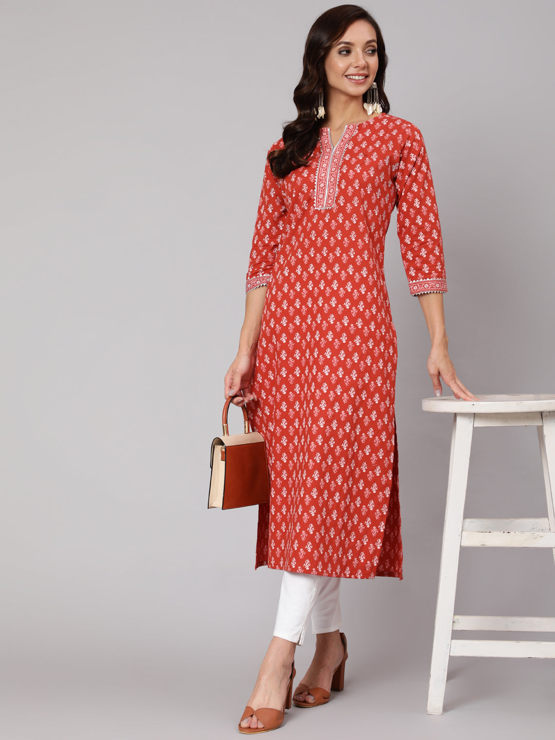 Rust Ethic Printed Straight Kurta With Three Quarter Sleeves