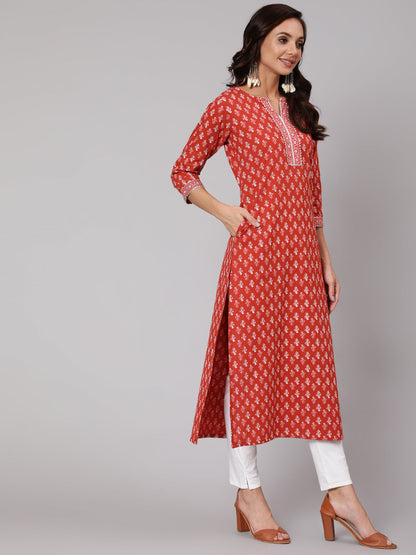 Rust Ethic Printed Straight Kurta With Three Quarter Sleeves