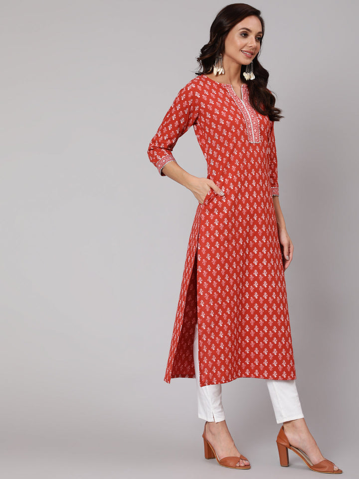 Rust Ethic Printed Straight Kurta With Three Quarter Sleeves