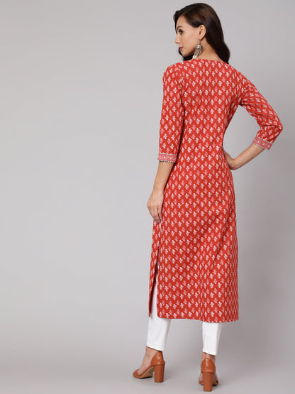 Rust Ethic Printed Straight Kurta With Three Quarter Sleeves