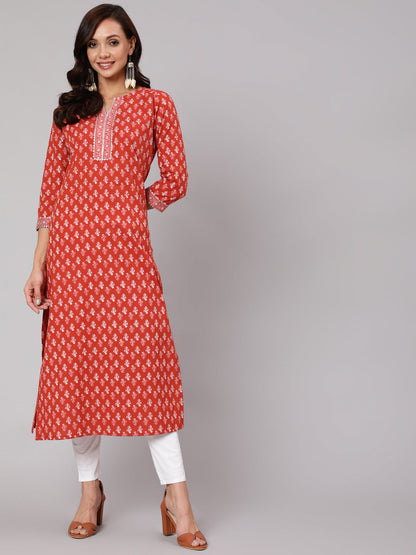 Rust Ethic Printed Straight Kurta With Three Quarter Sleeves
