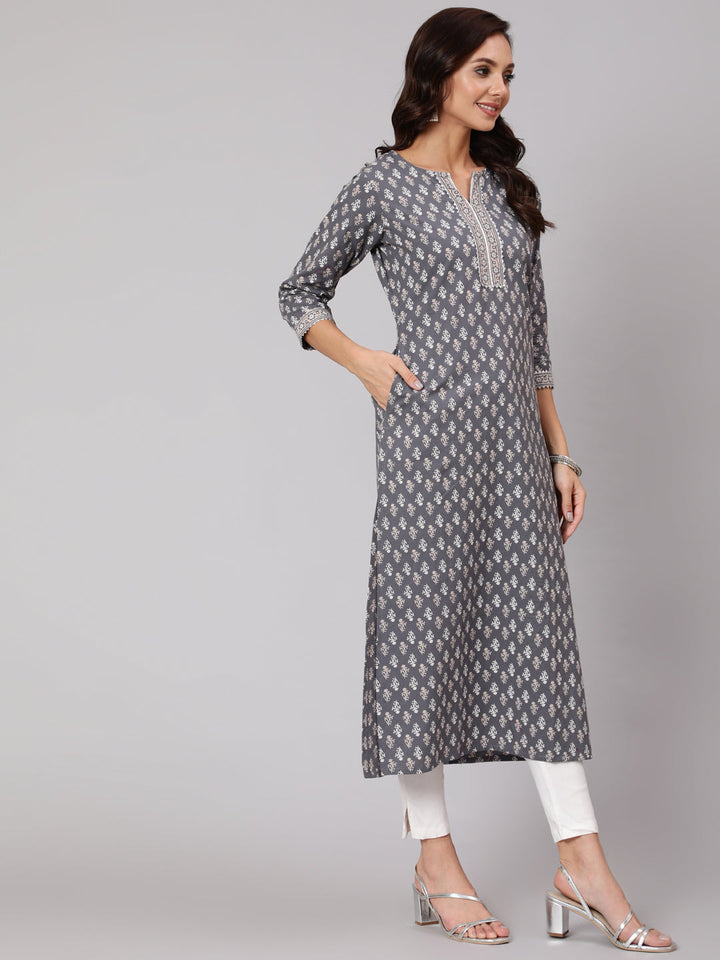 Grey Printed Straight kurta With Three Quarter Sleeves