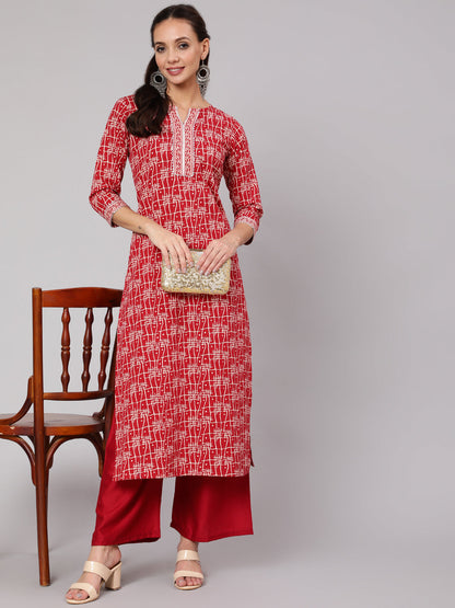 Red Geometric Printed Straight Kurta With Three Quarter Sleeves