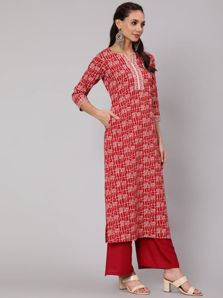 Red Geometric Printed Straight Kurta With Three Quarter Sleeves