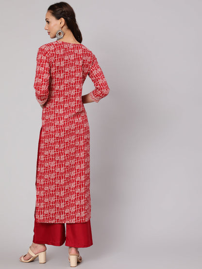 Red Geometric Printed Straight Kurta With Three Quarter Sleeves
