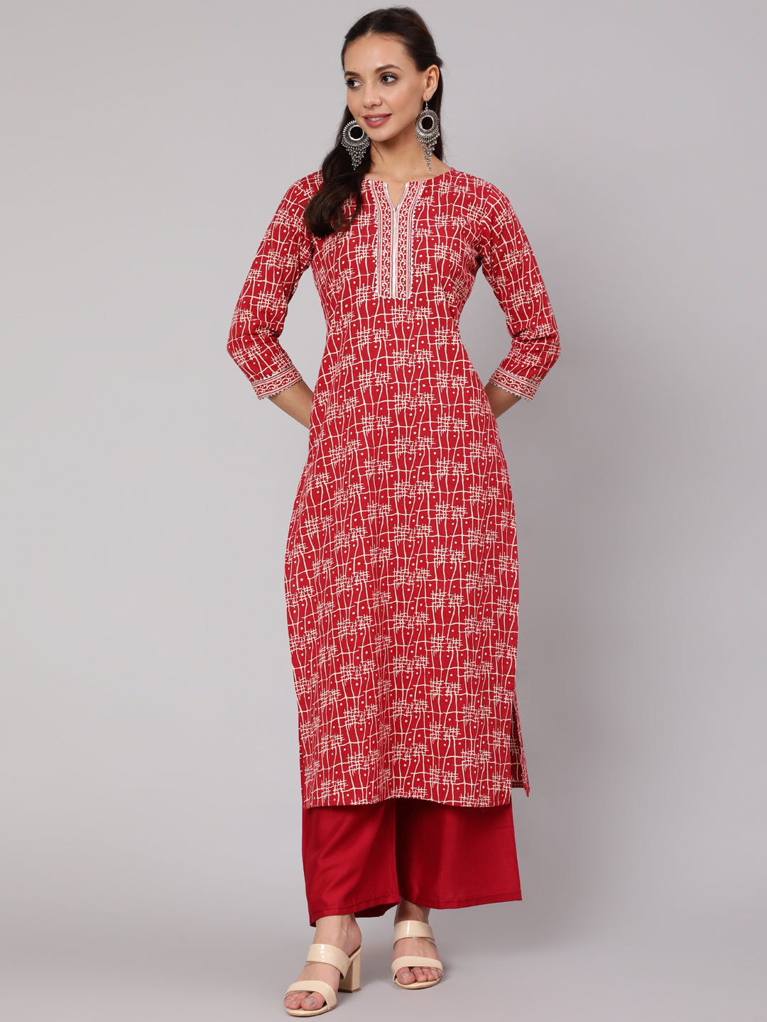 Red Geometric Printed Straight Kurta With Three Quarter Sleeves