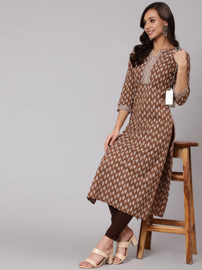 Brown Printed Straight kurta With Three Quarter Sleeves